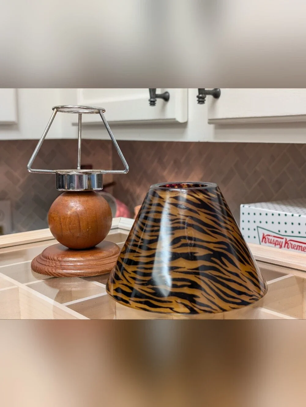 Amber Tiger-Print Tea Light Lamp With Wooden Base